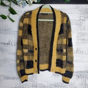 TRUTH by Republic Women’s Fuzzy Knit Plaid Cardigan Black Yellow Retro Preppy